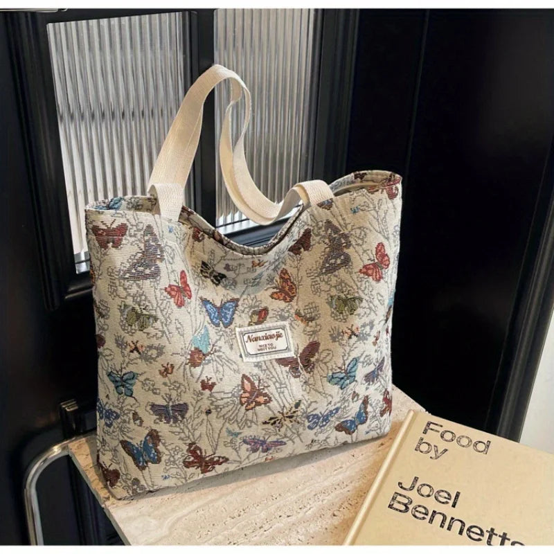 Women's Bag Butterfly Flower Print Embroidery Shoulder Bags Fashionable Canvas Handbags Large Capacity Zipper Shopping Bag