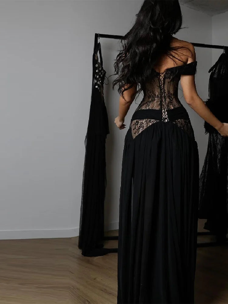 Elegant Lace Patchwork Slit Strapless Dress Sexy Off-shoulder High Waist Long Skirt New Trendy Party Y2k Robe Gothic Style Gown