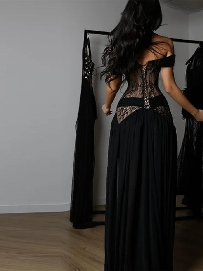 Elegant Lace Patchwork Slit Strapless Dress Sexy Off-shoulder High Waist Long Skirt New Trendy Party Y2k Robe Gothic Style Gown
