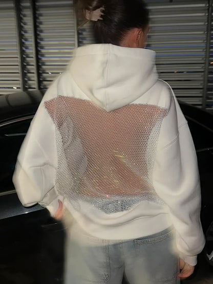 Weird Puss Harajuku Hooded Sweatshirt Women Autumn Trend Backless Glitter Mesh Patchwork Casual Streetwear Hipster Pulloverr