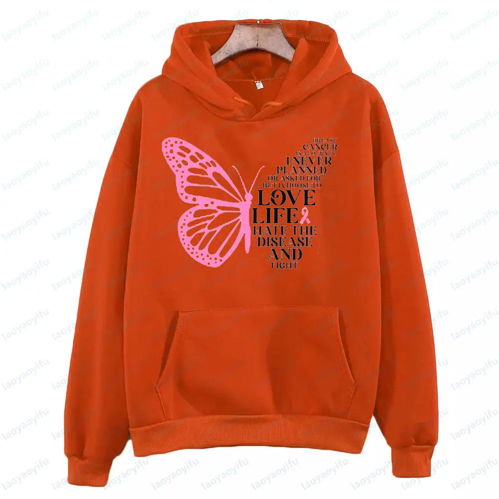 Breast Cancer Is A Journey Breast Cancer Awareness Clothing Butterfly Cancer Sweatshirts Pink Ribbon Hoodies Love Life Women Top