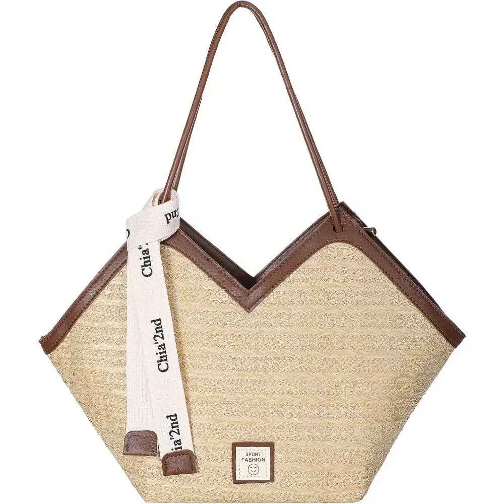 Chic Straw Woven Beach Tote Bag for Women Lightweight Woven Handbag Shoulder Bag Perfect for Summer Vacations, Pool Days, Travel