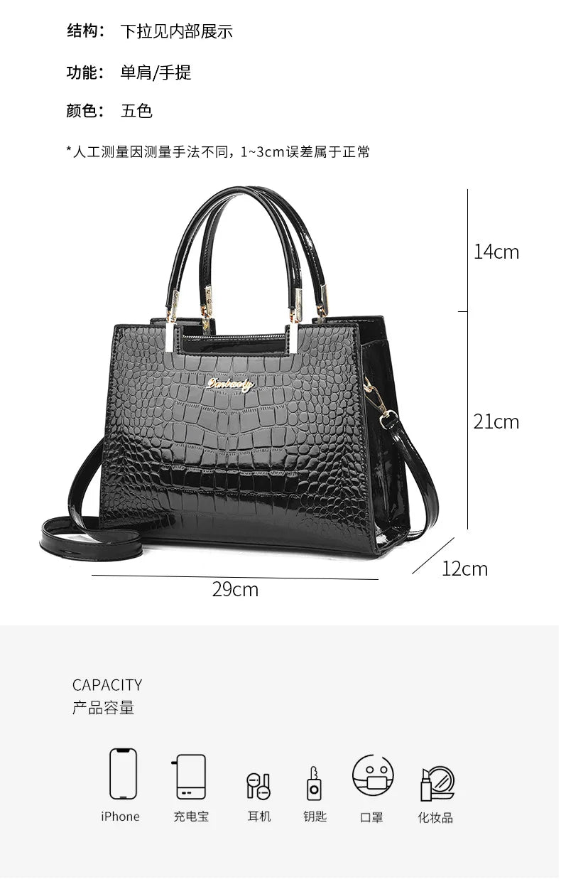 Luxury Bright Leather Ladies HandBags High-end Crocodile  Messenger Bags Boston Ladies Shopping Shoulder Tote Bags Crossbody Bag
