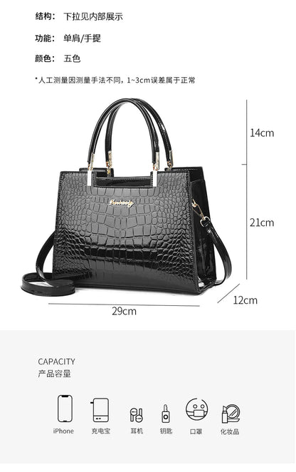 Luxury Bright Leather Ladies HandBags High-end Crocodile  Messenger Bags Boston Ladies Shopping Shoulder Tote Bags Crossbody Bag