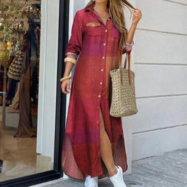 New Autumn Long Dress Long Sleeve Shirt Dress Women Denim Long Dresses Pocket Button Shirt Print Dress Casual Loose Dresses 2023