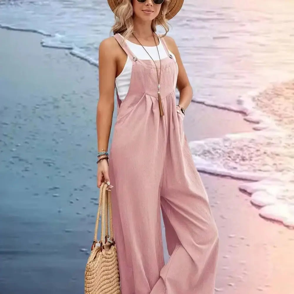 2025 Spring/Summer New Ethnic Style Solid Color Wide Leg Jumpsuit Women Loose Fit Fashion Elegant Casual Overalls Wide Leg