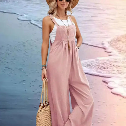 2025 Spring/Summer New Ethnic Style Solid Color Wide Leg Jumpsuit Women Loose Fit Fashion Elegant Casual Overalls Wide Leg