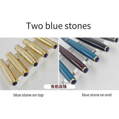WingSung 601A Double Blue Stone Fountain Pen Gold Carving Cap Vacuum Piston F 0.5mm Iridium Wrapped Nib Writing Ink Pens Gift