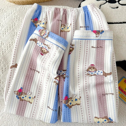 Striped Dog Print Korean Casual Loungewear for Women Sweet Cute Lapel Neck Women's Pajamas Set Autumn Winter New 2 PCS Sleepwear