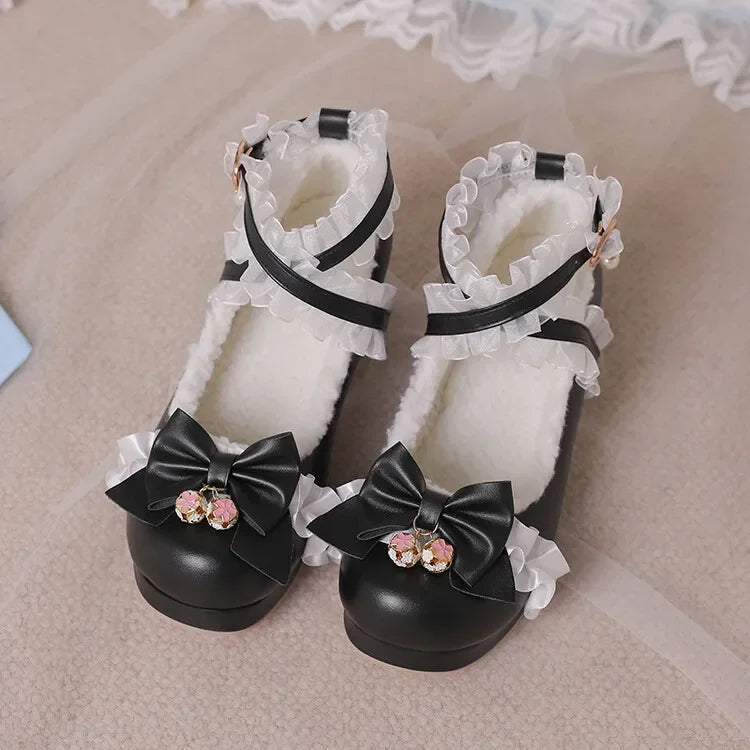 Cross Strap Women High Heels Mary Jane Pumps Party Wedding Cosplay White Pink Black Strawberry Bow Princess Cosplay Lolita Shoes
