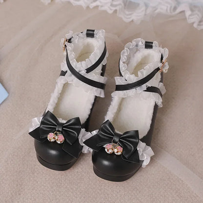 Cross Strap Women High Heels Mary Jane Pumps Party Wedding Cosplay White Pink Black Strawberry Bow Princess Cosplay Lolita Shoes