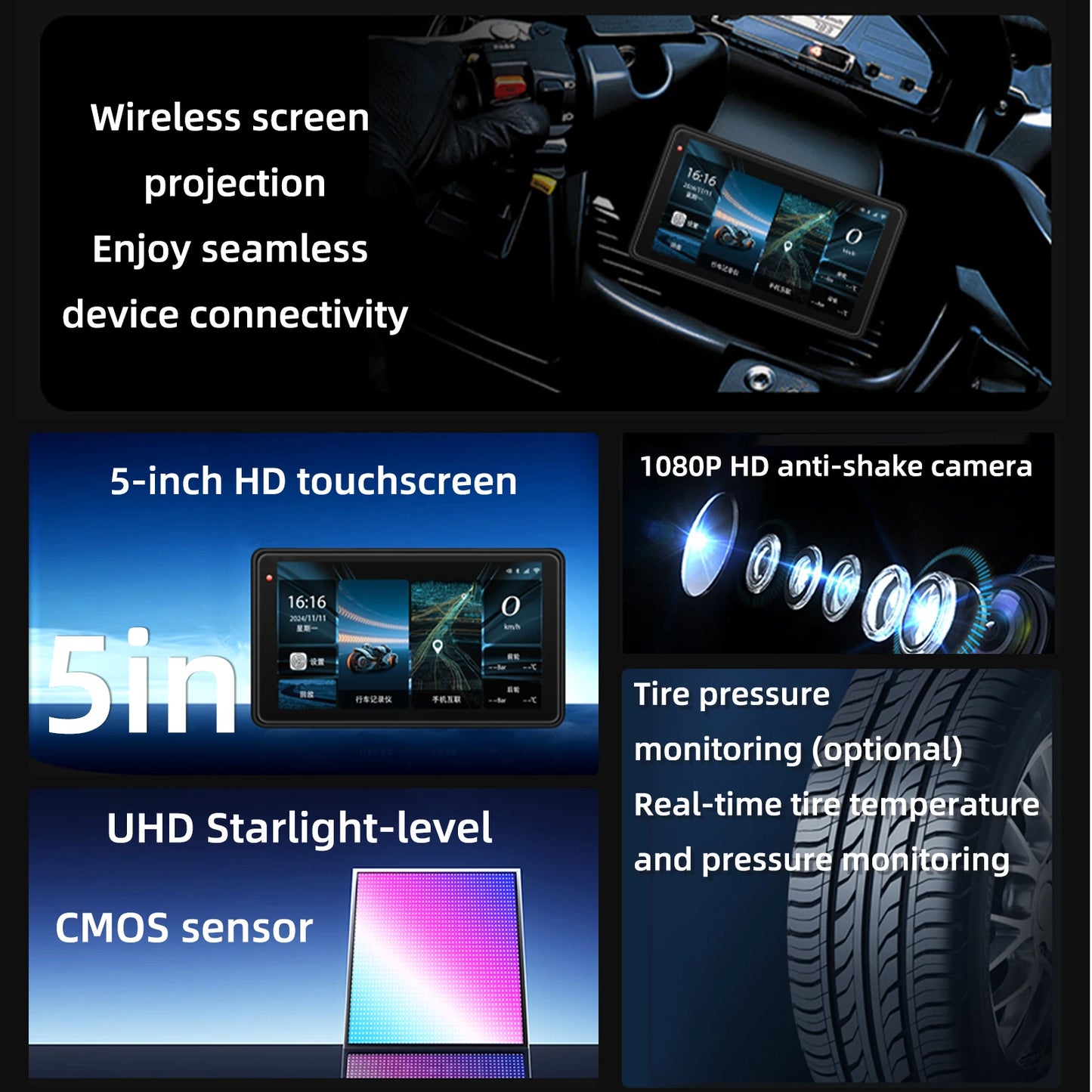 Motorcycle GPS Navigation Screen with 1080P Dash Cam Front and Rear 5in IP68 Waterproof Touchscreen Bluetooth Audio Receiver