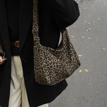 Trendy Casual Soft Textile Women's Shoulder Bag Large Capacity Leopard Print Female Retro Crossbody Bag For Commute Outings