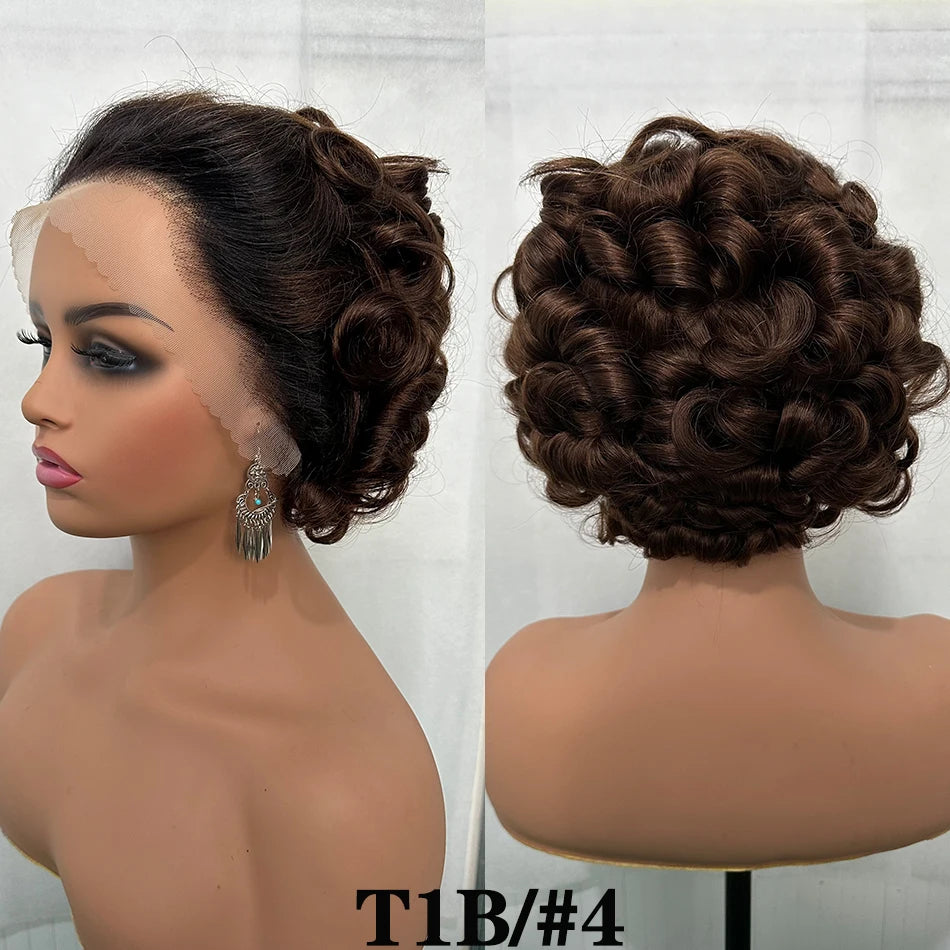 100% Human Hair Glueless Wigs 8" Short Loose Curly Glueless Pixie Cut 180% Density Brazilian Virgin Hair 13x4 Lace Frontal Wigs