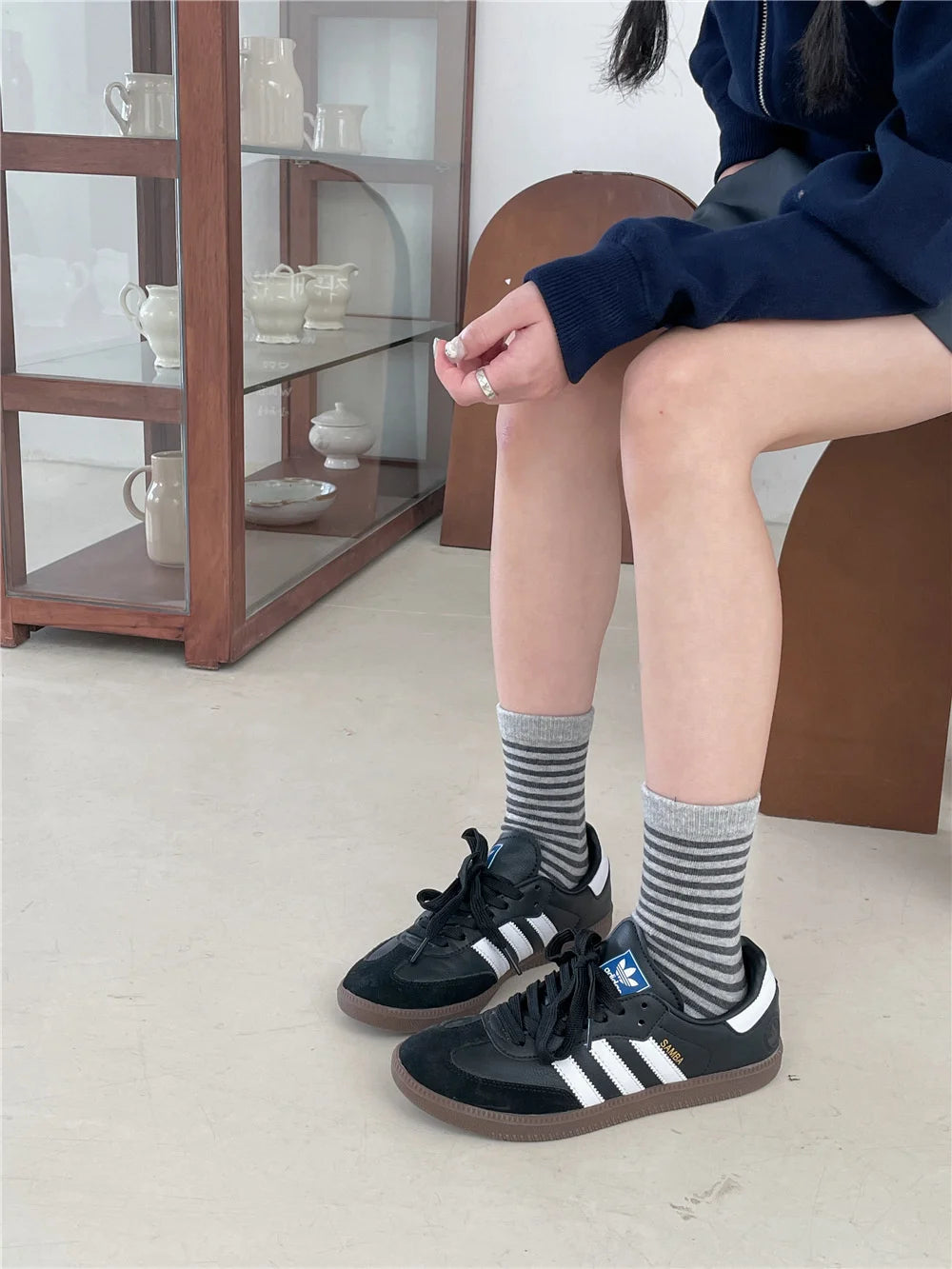 Korean Simple Colored Striped Cotton Socks Women’s Autumn Winter Breathable Middle Tube Socks College Style Trendy Casual Socks