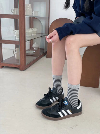 Korean Simple Colored Striped Cotton Socks Women’s Autumn Winter Breathable Middle Tube Socks College Style Trendy Casual Socks