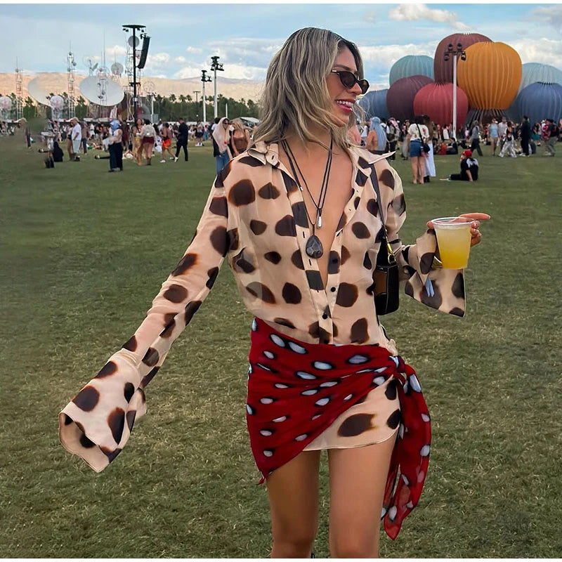 2026 Women Chic Vacation Outfits Fashion Leopard Print Sheer Chiffon Shirt Casual Turn-down Collar Mini Dress & Detachable Scarf