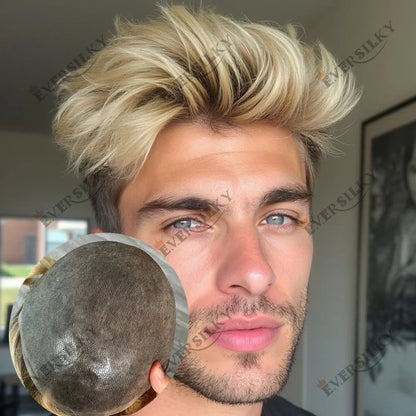 Men's Super Natural Hairline 100% Human Hair Ombre Blonde Capillary Prosthesis System Wigs Brown Roots Durable Thin Skin Toupee