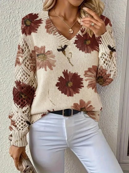 V-neck Fashionable Floral Print Cutout Sleeves Bohemian Pullover Sweater Ropa De Invierno Para Mujer Abbigliamento Donna Autunno