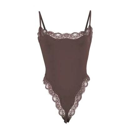 Women Lace Bodysuit Sexy Square Neck Sleeveless Cami High Leg Thong Bodysuit Body Suits Tank Tops Leotard Going Out
