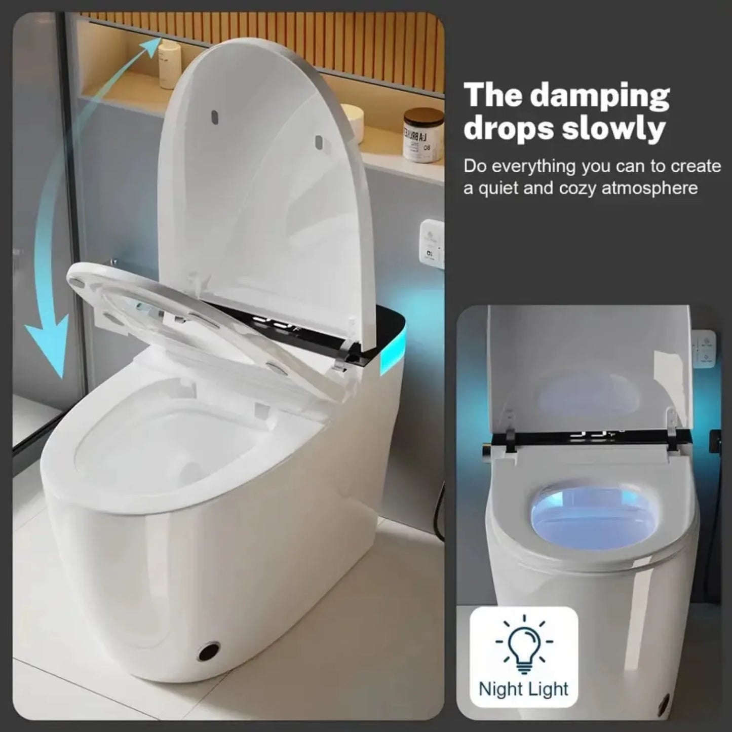 Smart Toilet Heated Seat Auto Flush & Soft-Close Lid Elongated One Piece Light