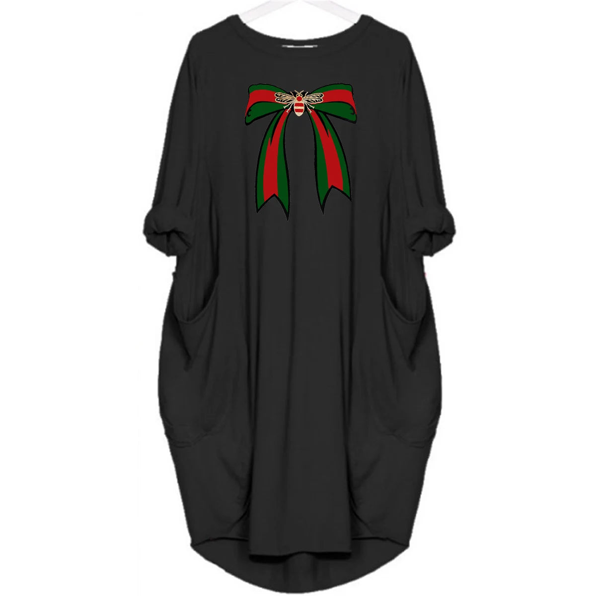 Ladies' summer loose bee bow pattern printed round neck short sleeved pocket comfortable casual plus size dress