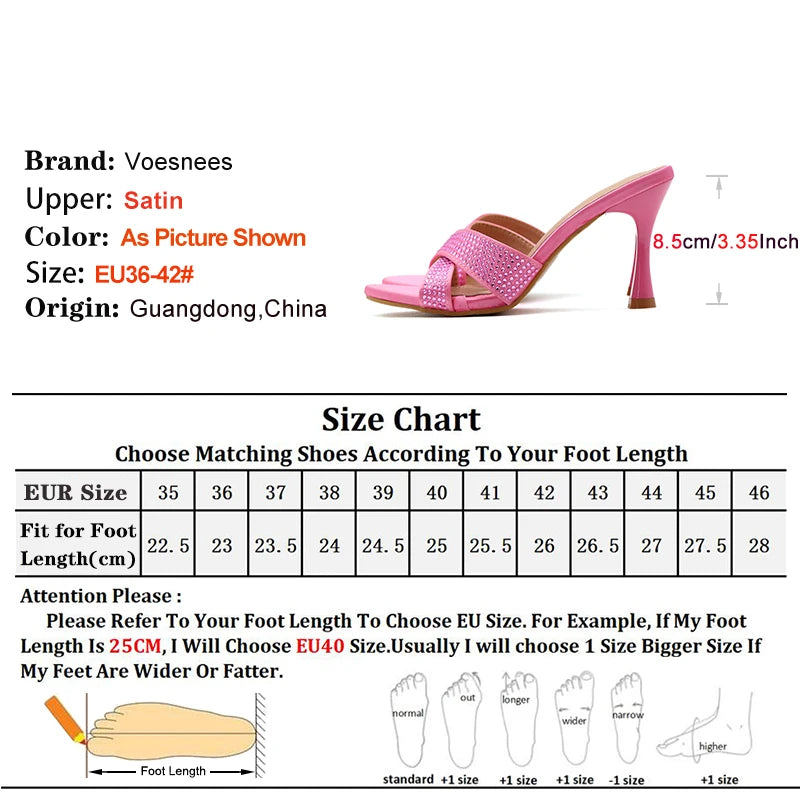 Rhinestone Slippers For Woman 2025 New Elegant Party Shoes Summer Thin High Heeled Slides Fashion Women Sandals Zapatos Mujer