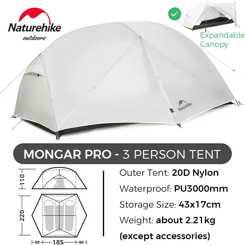 Naturehike Mongar 2 UL/PRO 1-2 Person Backpacking Tent Nylon Waterproof Ultralight Travel Trekking Shelter Tent with Footprint