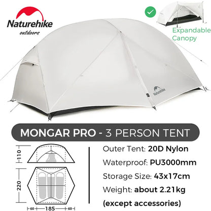 Naturehike Mongar 2 UL/PRO 1-2 Person Backpacking Tent Nylon Waterproof Ultralight Travel Trekking Shelter Tent with Footprint