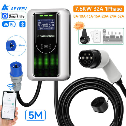 AFYEEV Type2 EV Charger 32A 7.6KW Charging Station Car Charger 11KW 22KW 3Phase EVSE Wallbox APP Bluetooth WiFi Remote Control