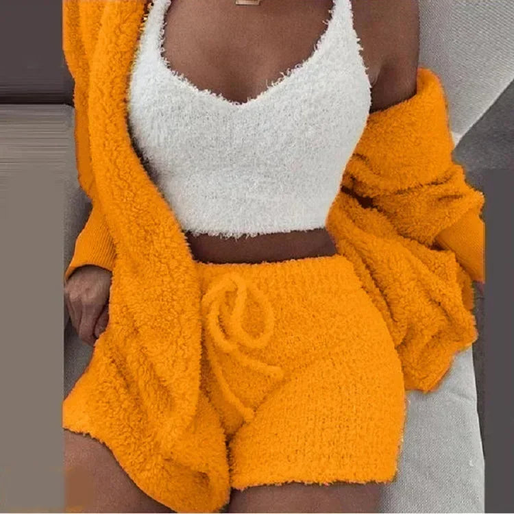 2026 New Women's Velvet Pajamas Set Sexy Crop Top+Shorts+Coat 3 Pieces Suit Sleepwear Casual Soft Clothes Homewear Pyjamas S-3XL