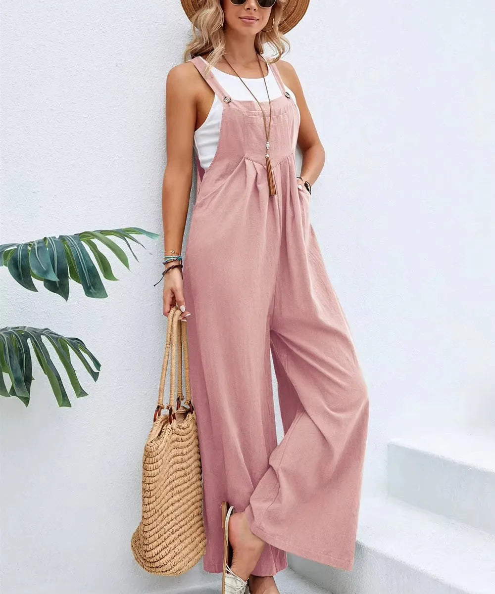 2025 Spring/Summer New Ethnic Style Solid Color Wide Leg Jumpsuit Women Loose Fit Fashion Elegant Casual Overalls Wide Leg