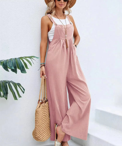 2025 Spring/Summer New Ethnic Style Solid Color Wide Leg Jumpsuit Women Loose Fit Fashion Elegant Casual Overalls Wide Leg