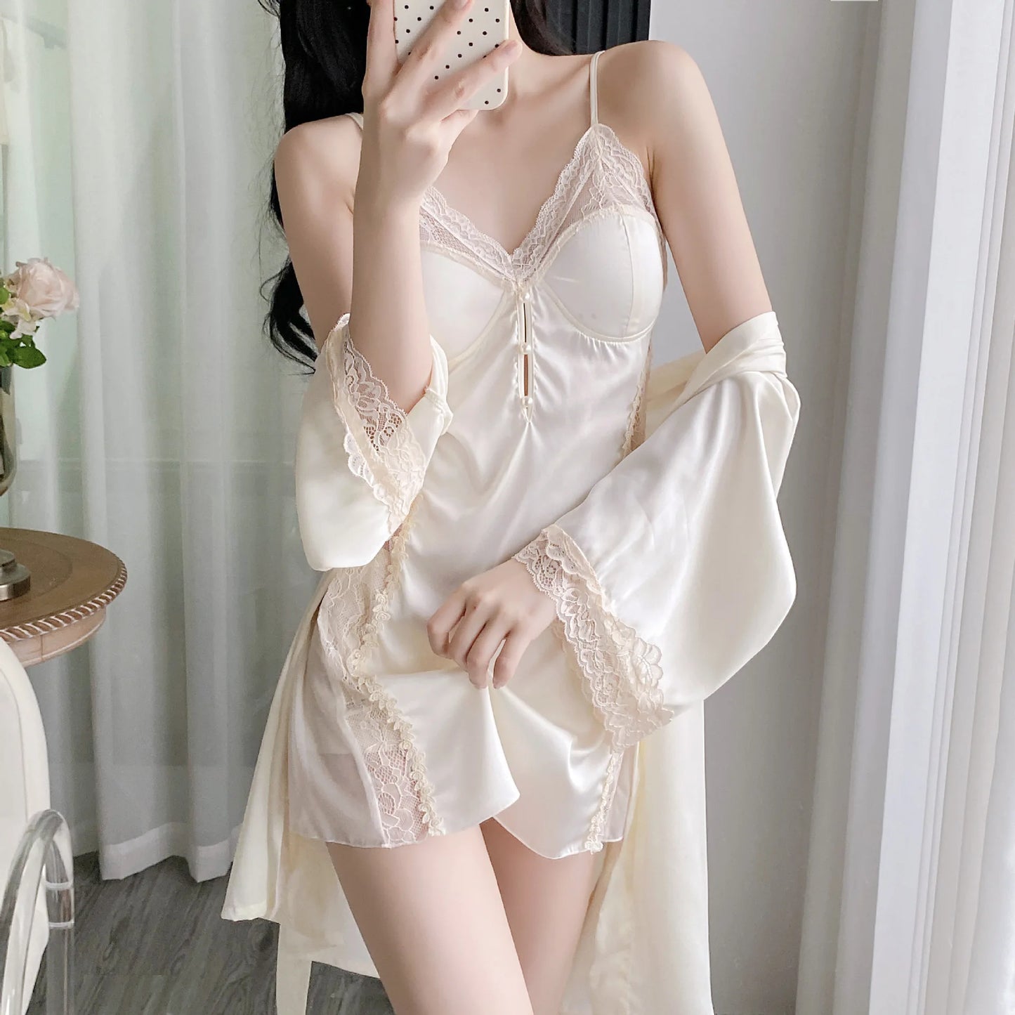 Female Nighty&Robe Set Lingerie Sexy Lace Trim Nightgown Sleepwear Spring Summer Kimono Gown Bathrobe Loose Homewear Pajama