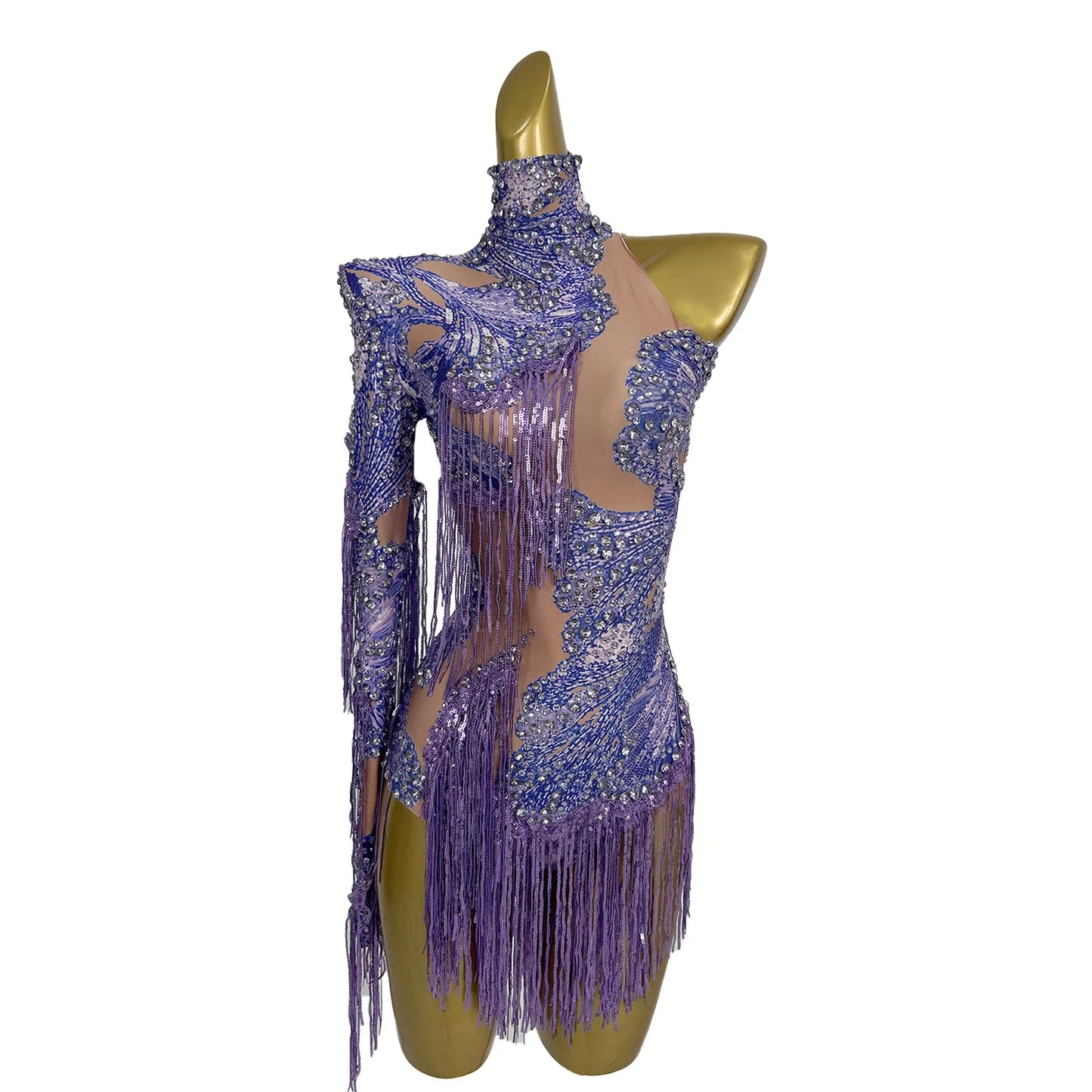 Sparkly Sequins Tassel One Shoulder Tight Bodysuit Women Dance Leotard Outfit Nightclub Bar Performance Costume Stage Wear Duxiu