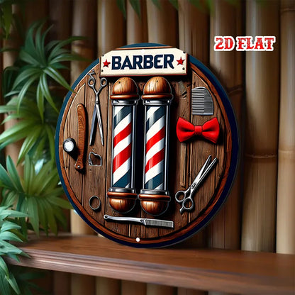 A 2D flat barber shop circular wooden sign - a return design style for homes, garages, restaurants, and cafes