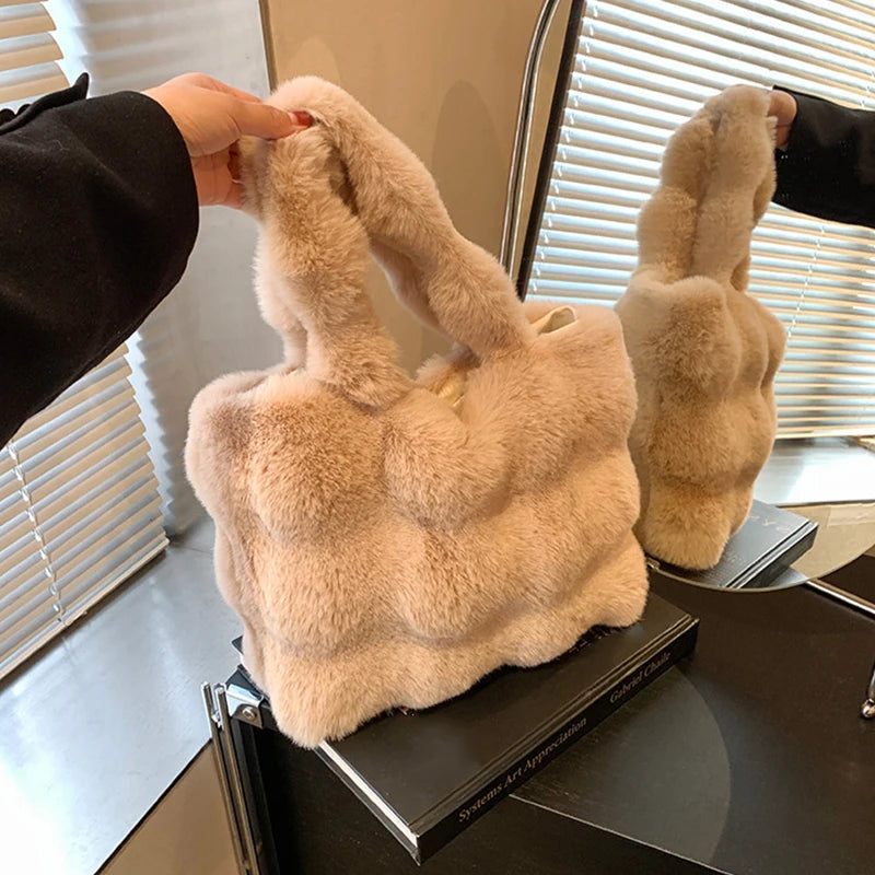 Women's Fluffy Plush Shoulder Bag Autumn Winter Top-Handle Solid Color Tote Versatile Commuter Handbag for Girls