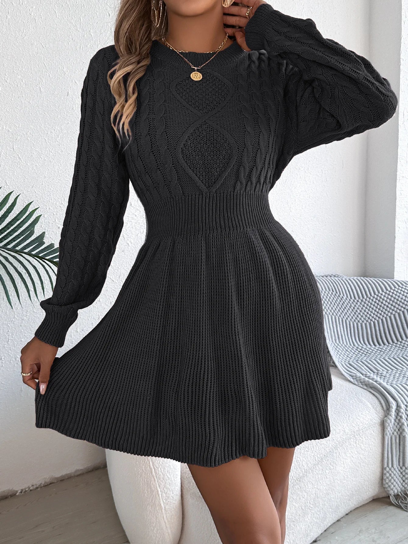 Autumn And Winter 2025 Europe And America Solid Color Fried Dough Twists Waist Lantern Long Sleeve Wool Dress A-line Dress Dress