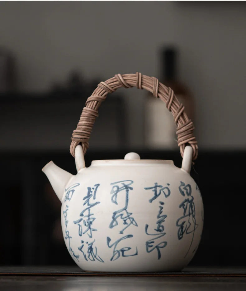 Retro Soda Glaze Ceramic Teapot Hand-painted Landscape Lifting Beam Pot Boiling Water Side Handle Kettle For Electric Stove