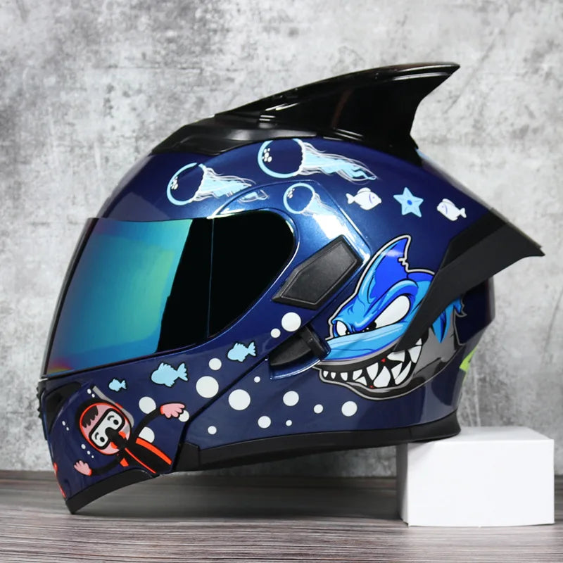 JIEKAI Motorcycle Flip Up Helmet Personality Horn Tail Motorbike Motocross Shark Moto Helmet Technology Design Full Face Casco