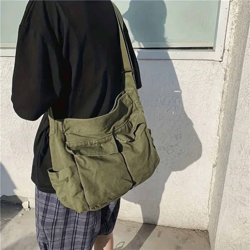 Workwear Canvas Shoulder Bag Large Capacity Retro Messenger Bag New Student Class Messenger Bag