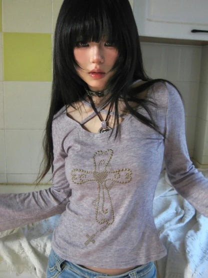 Retro and Modern Subculture Gothic Blouse Harajuku Long Sleeve T-Shirts for Women Y2K Clothing Shirts Punk Emo Top with Street