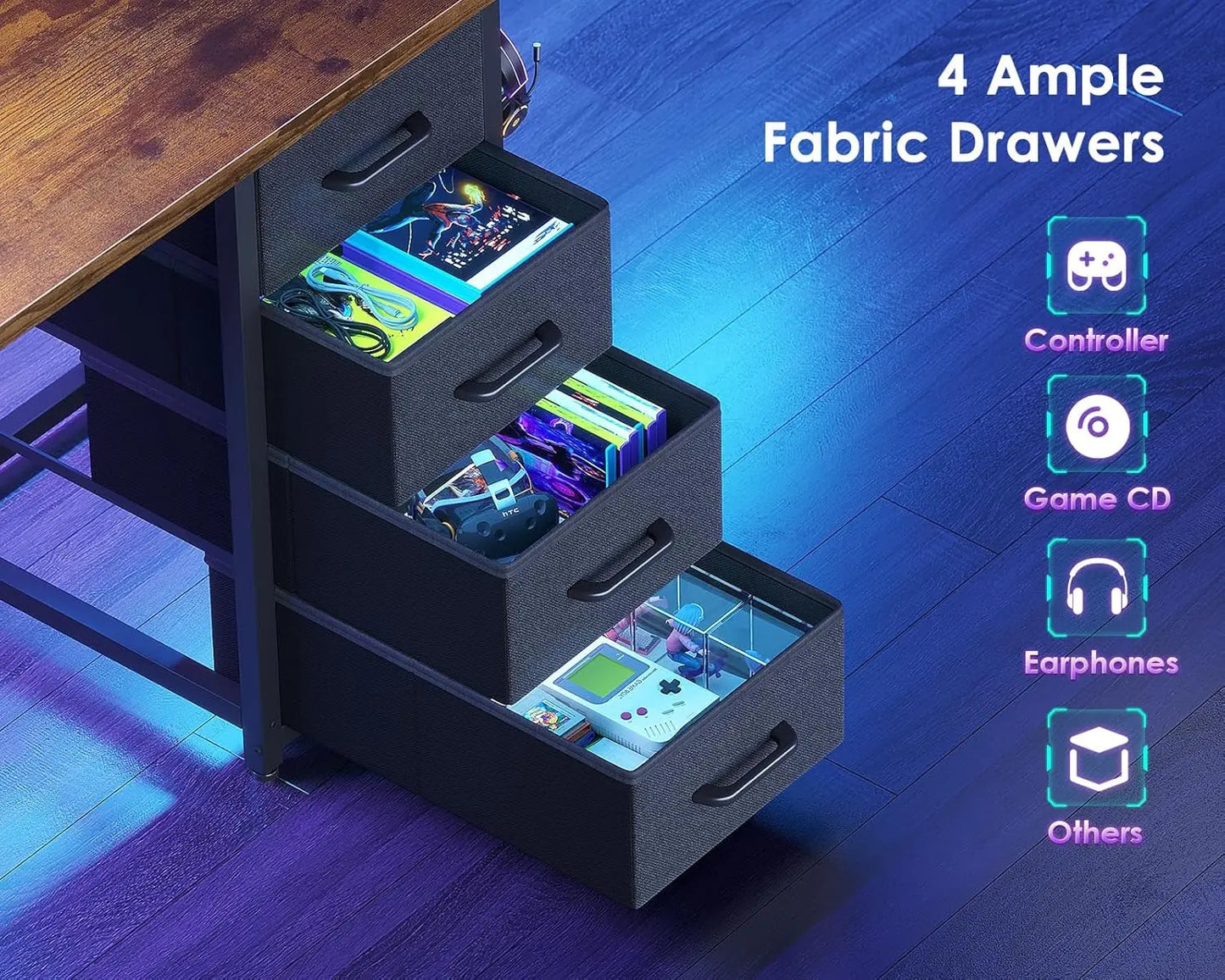 55 Inch Computer Desk with 4 Drawers, Office Desk with Power Outlets, Printer Shelf & Storage Shelves, Large, Customized