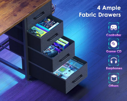 55 Inch Computer Desk with 4 Drawers, Office Desk with Power Outlets, Printer Shelf & Storage Shelves, Large, Customized