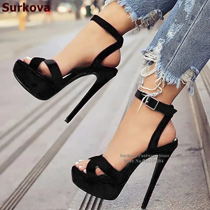 Surkova Magenta Velvet Platform Sandals Stiletto Heel Slingback Dress Shoes Cross Strap Luxury Wedding Pumps Size46