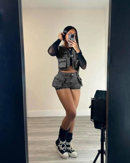 Multi Pockets Jeans Shorts Outfit Set Sexy Women Elegant Two Pieces Denim Club Matching Set Top+Shorts