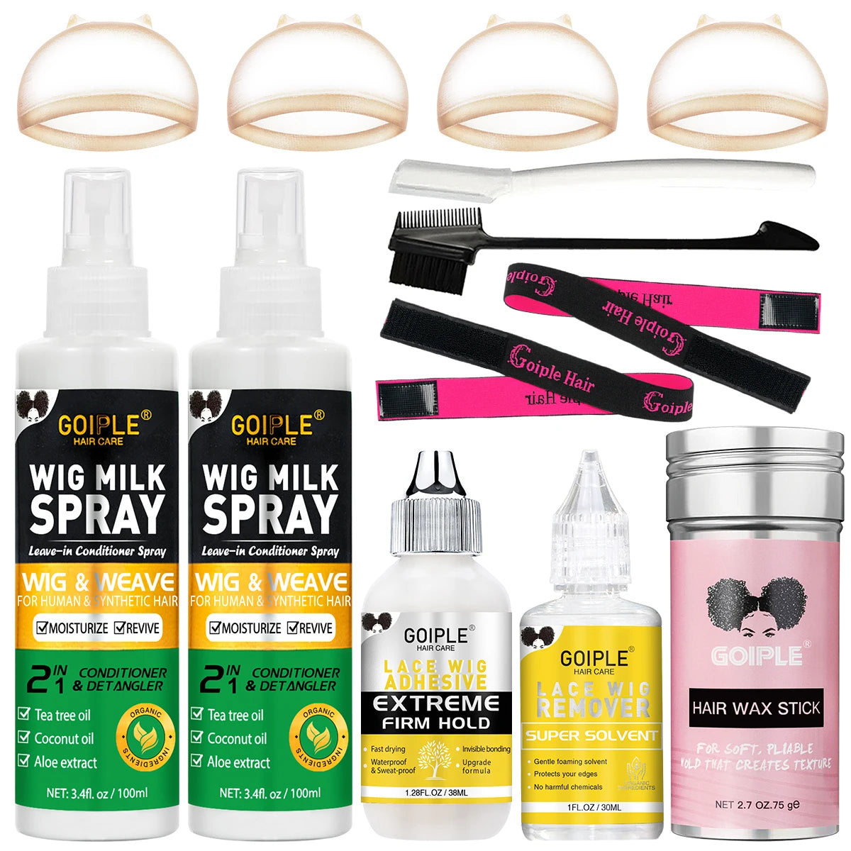 Wig Care Solution Spray for Synthetic Hair with Wig Shampoo Smooth Conditioner Wax Stick Lace Wig Adhesive Remover Styling Tools