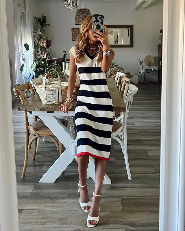Black White Striped Pullover Dress For Women 2024 Summer New Style Striped V-neck Hem Slit Casual Loose Dress Ladies Vestidos