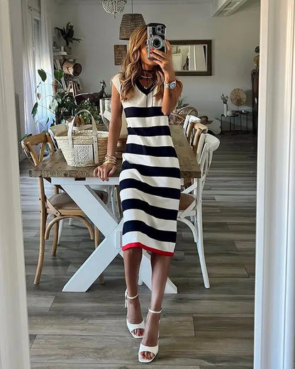 Black White Striped Pullover Dress For Women 2024 Summer New Style Striped V-neck Hem Slit Casual Loose Dress Ladies Vestidos