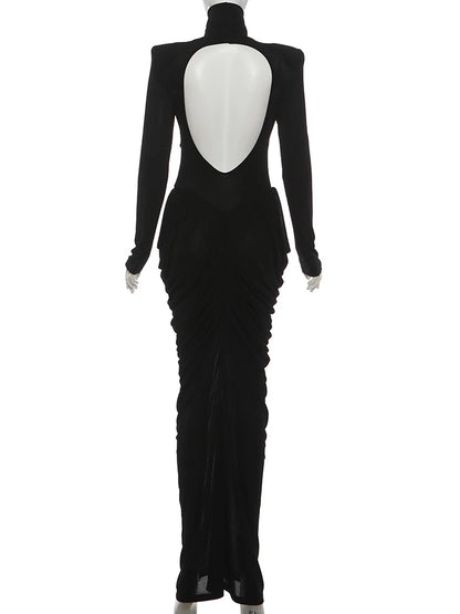 Weird Puss Autumn New Style Maxi Dress Women Turtleneck Full Sleeve Backless Skinny Stretch  Prom Party Ruched Elegant Vestidos